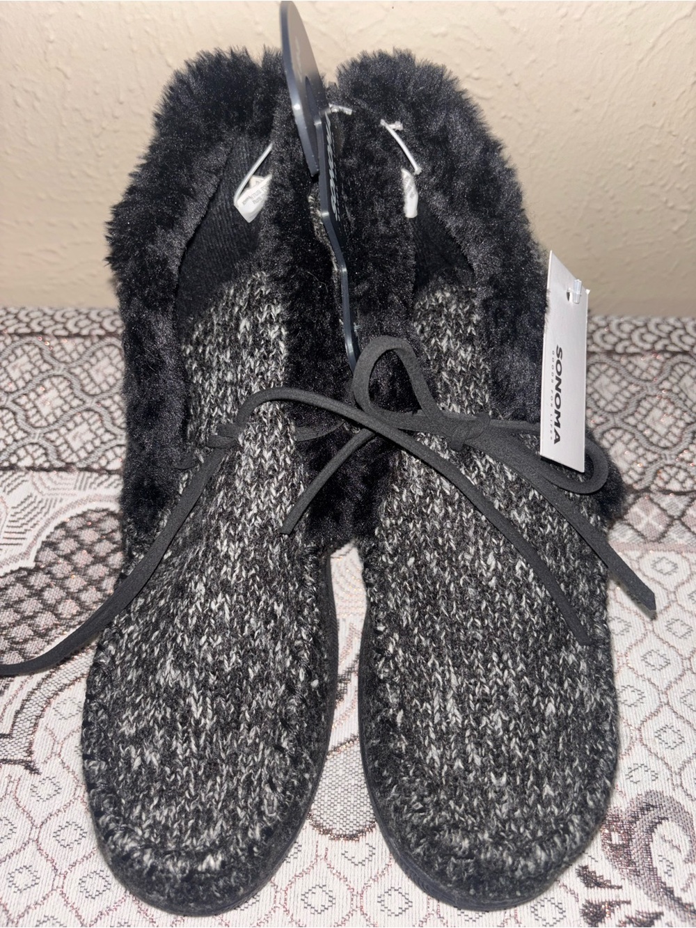 Sonoma Black & Gray Knit Faux-Fur Slipper Boots